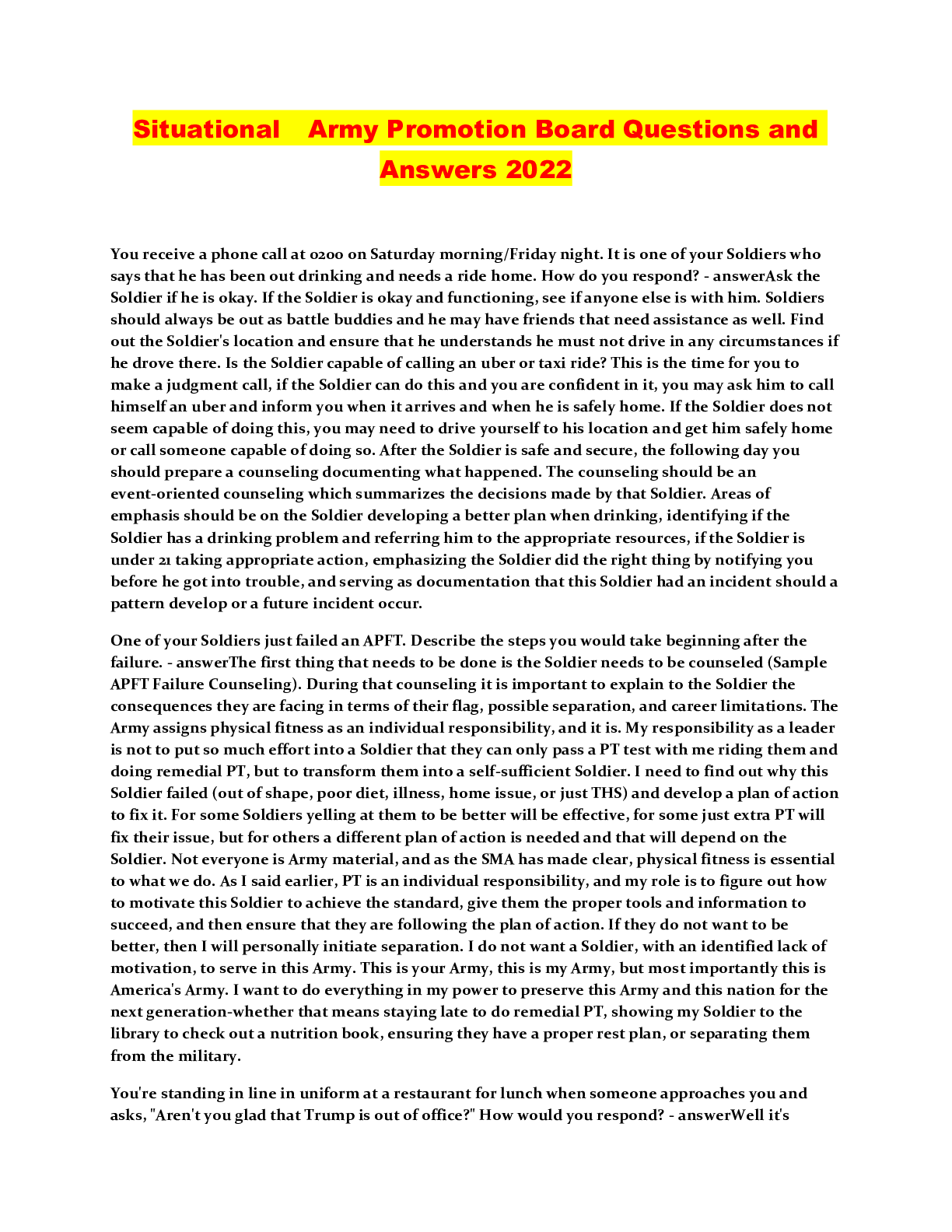 Situational Army Promotion Board Questions and Answers 2022
